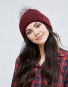 Alice Hannah Chunky Knit Hat With Faux Fur Pom Pom - Red