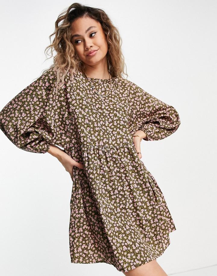Daisy Street Mini Smock Dress In Grunge Ditsy Floral-brown
