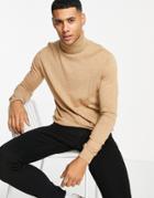 Topman Knitted Roll Neck Sweater In Camel-neutral