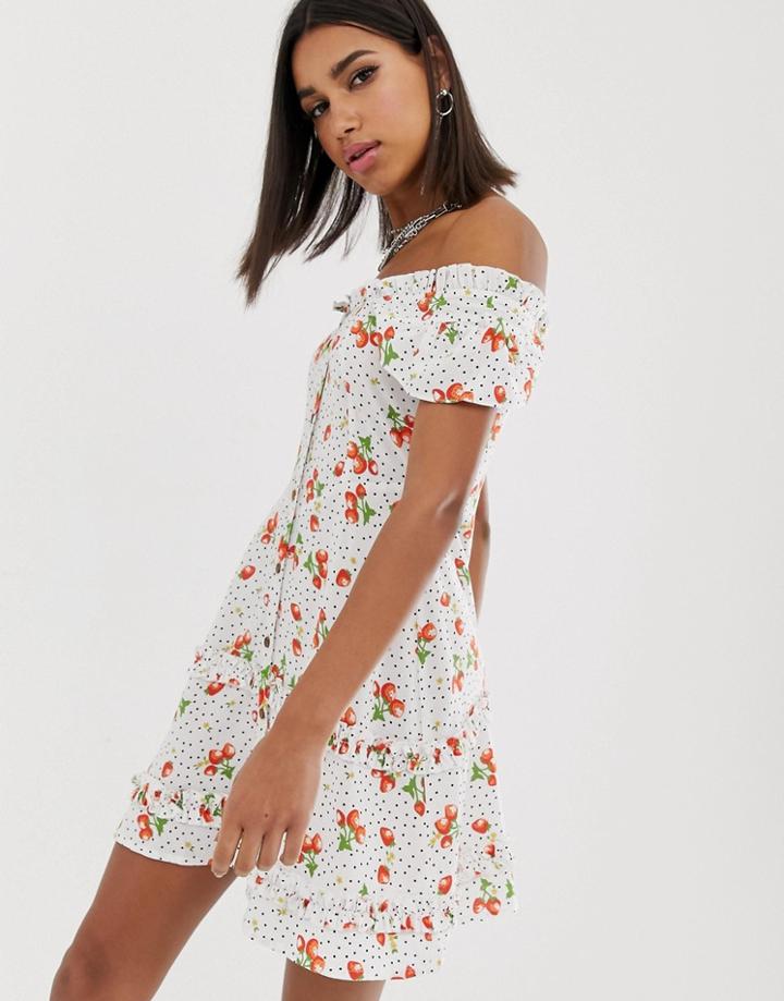 Sacred Hawk Vintage Tea Dress In Strawberry Print - White