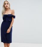 True Decadence Petite Premium Bardot Scuba Pencil Dress With Knot Front Detail - Navy
