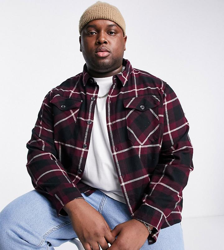 Threadbare Plus Twin Pocket Check Shirt In Burgundy-red