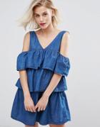 Pull & Bear Layered Ruffle Cold Shoulder Denim Dress - Blue