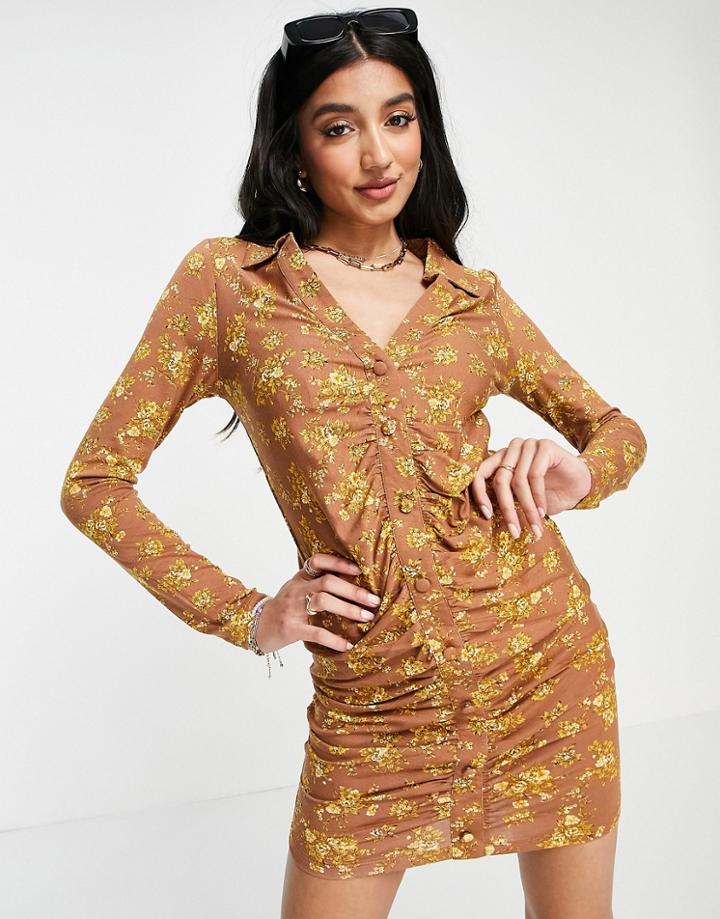 Asos Design Mini Shirt Dress With Ruching In Mustard Floral Print-yellow