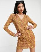 Asos Design Mini Shirt Dress With Ruching In Mustard Floral Print-yellow