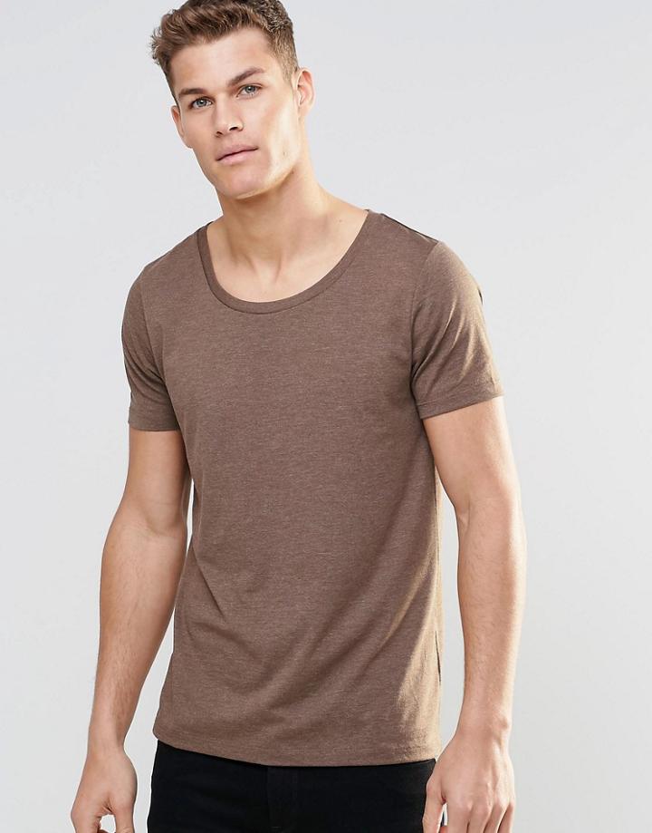 Asos T-shirt With Scoop Neck In Brown Marl - Saddle Brown Marl