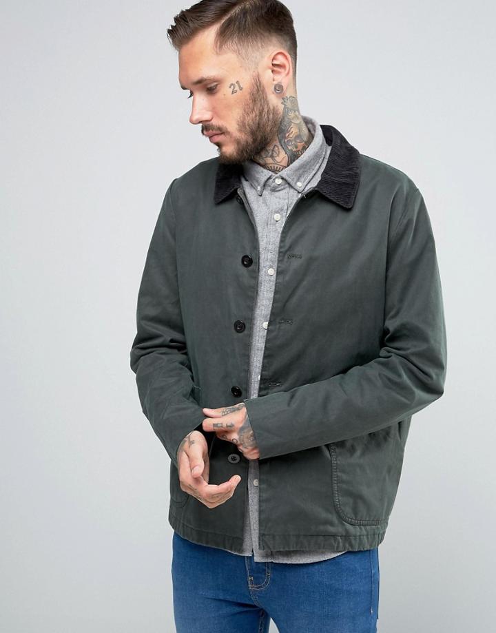 Asos Waxed Jacket With Cord Collar In Khaki - Green