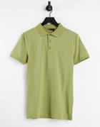 Asos Design Organic Muscle Fit Jersey Polo In Khaki-green