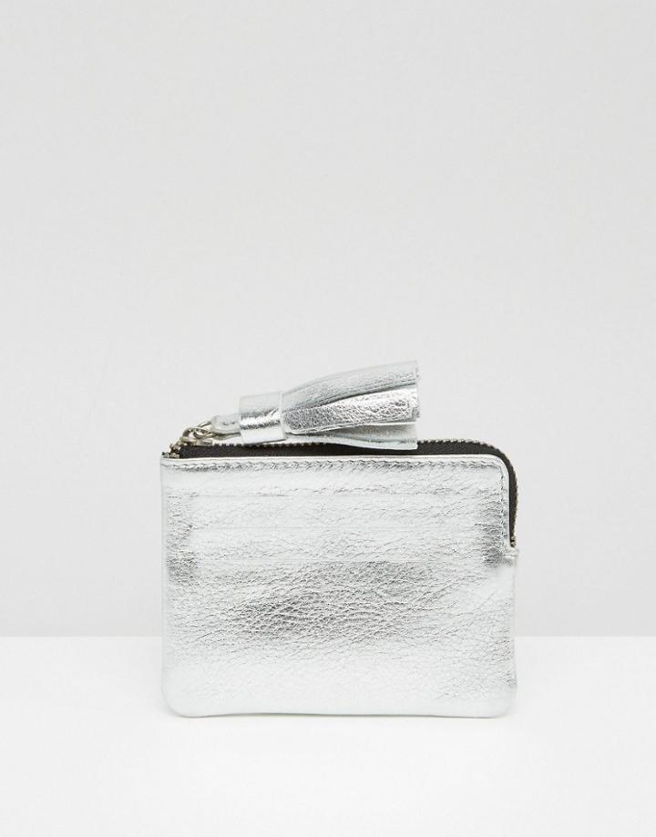 Asos Metallic Leather Coin Purse With Tassel - Silver