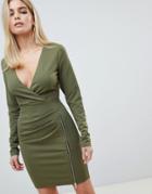 Asos Design Mini Dress With Ruched Zip Side - Green
