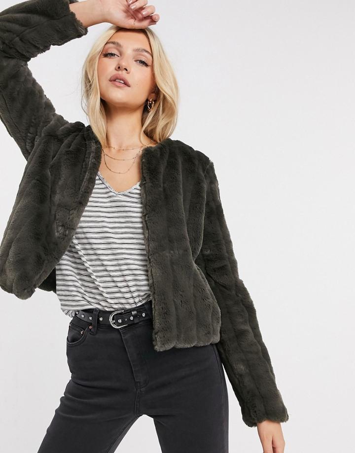 Jdy Evelyn Cropped Faux-fur Jacket In Black Olive-green