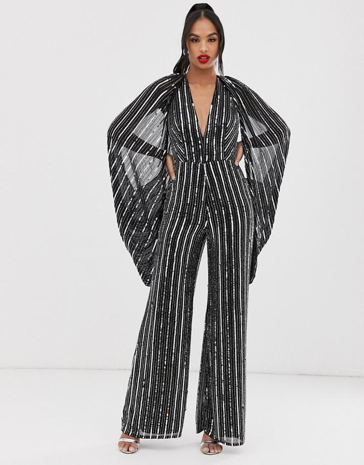 Asos Edition Cape Sleeve Jumpsuit In Sequin Stripe - Black