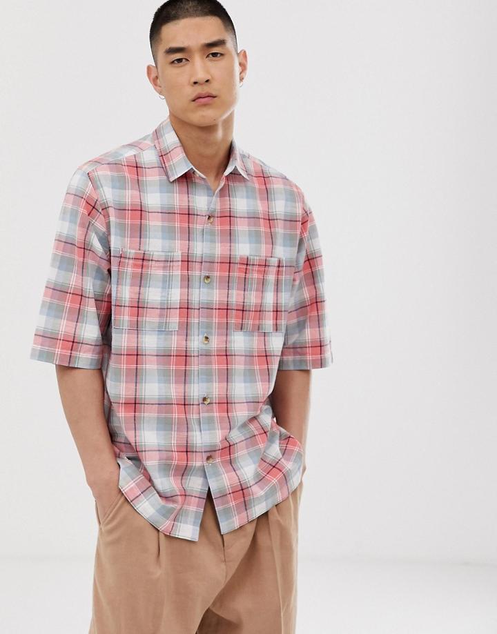 Asos Design Oversized Check Shirt In Pink And Gray With Chest Pockets
