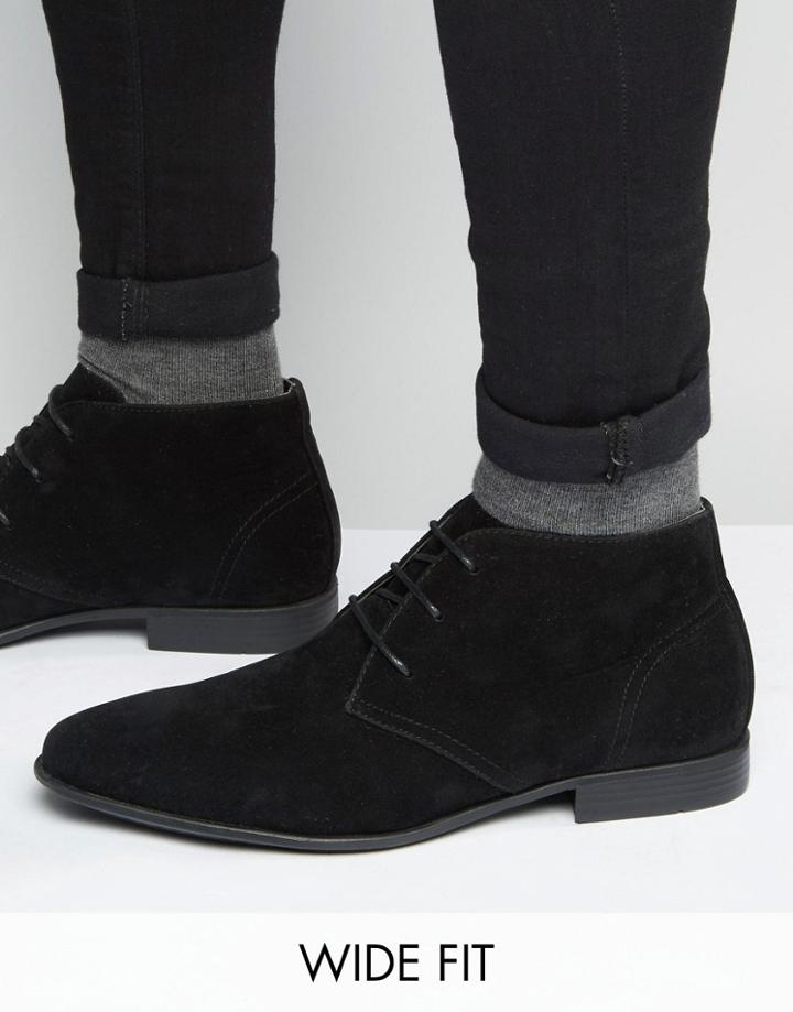 Asos Wide Fit Lace Up Chukka Boots In Black Faux Suede - Black