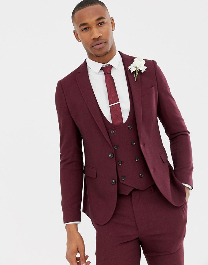 Asos Design Wedding Super Skinny Suit Jacket In Burgundy Micro Texture - Red
