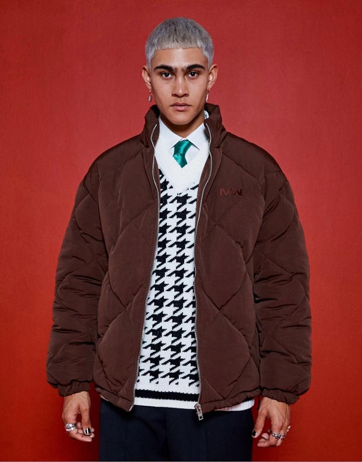 Mennace Diamond Puffer Jacket In Brown