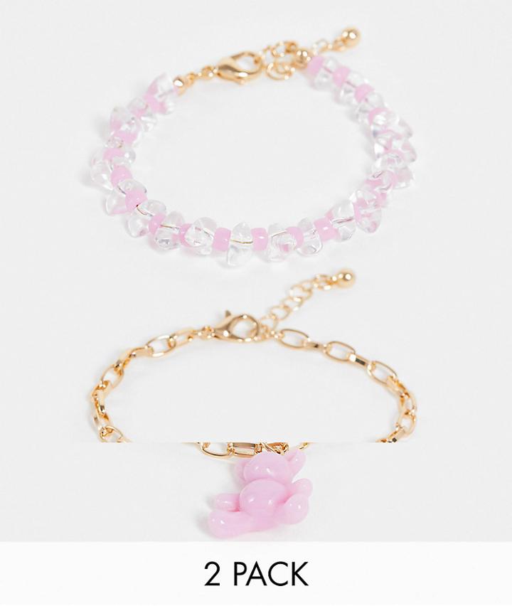 Asos Design Pack Of 2 Bracelets With Gold Link Chain And Plastic Bear Charm