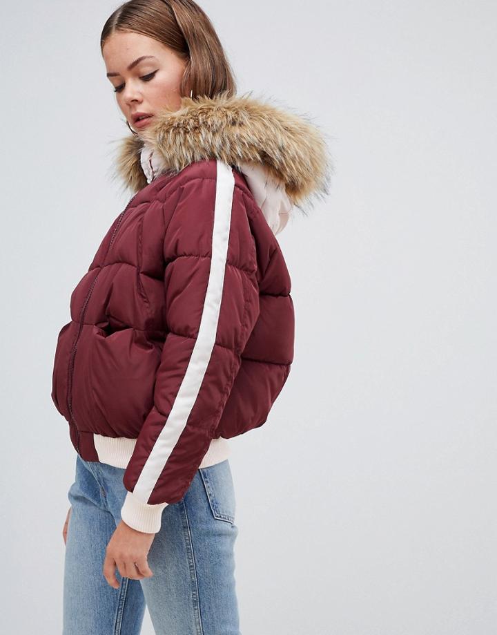 Boohoo Side Stripe Padded Jacket In Burgundy - Red