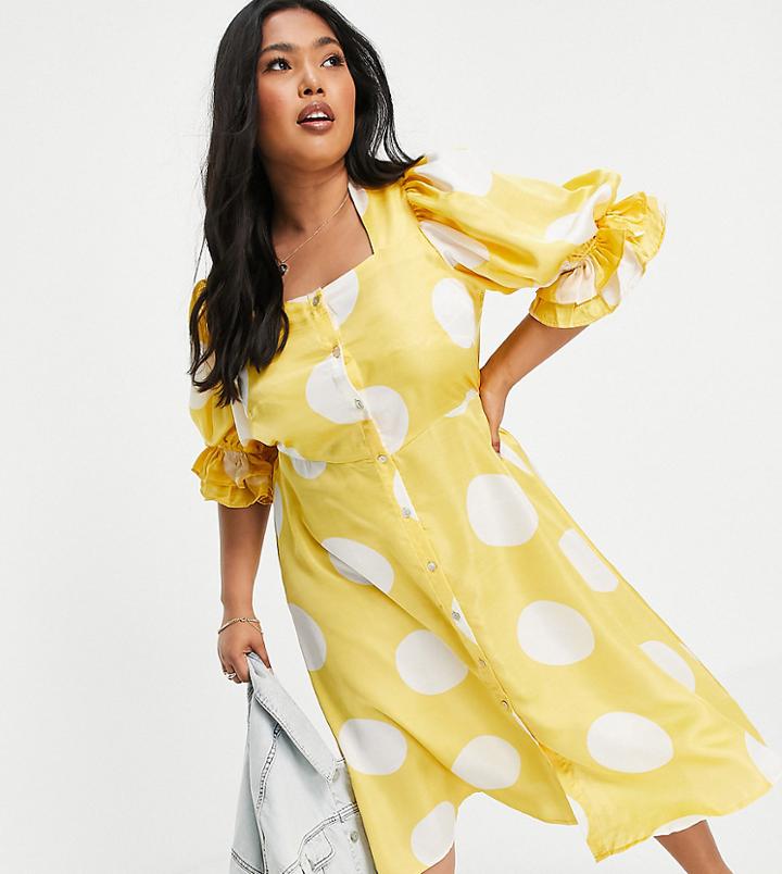 Vero Moda Curve Puff Sleeve Midi Dress In Yellow Oversized Spot Print-multi