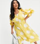 Vero Moda Curve Puff Sleeve Midi Dress In Yellow Oversized Spot Print-multi