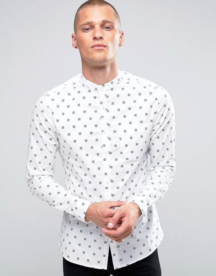 Asos Skinny Shirt With Checkerboard Print And Grandad Collar - White