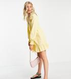 Asos Design Tall Shirred Shoulder Button Up Smock Mini Dress In Yellow