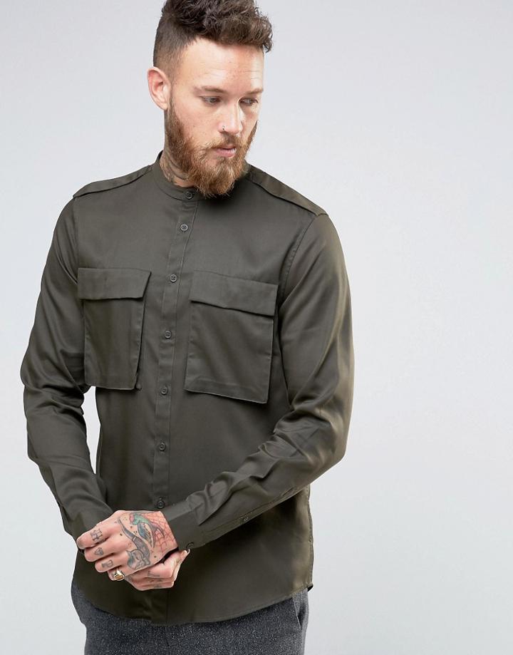 Asos Military Shirt In Drape Fabric With Grandad Collar - Green