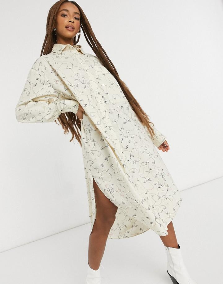 Monki Carol Cotton Face Print Mini Shirt Dress In Off White