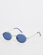 Asos Design 90's Mini Round Sunglasses With Deep Frames And Blue Lens In Silver