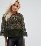 Asos Petite Mesh Top With Velvet Applique And Sequins - Green