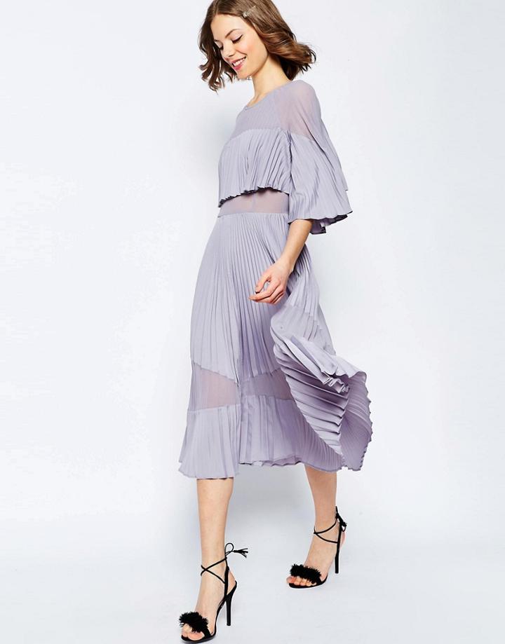 Asos Pleated Sheer And Solid Crop Top Midi Dress - Lilac