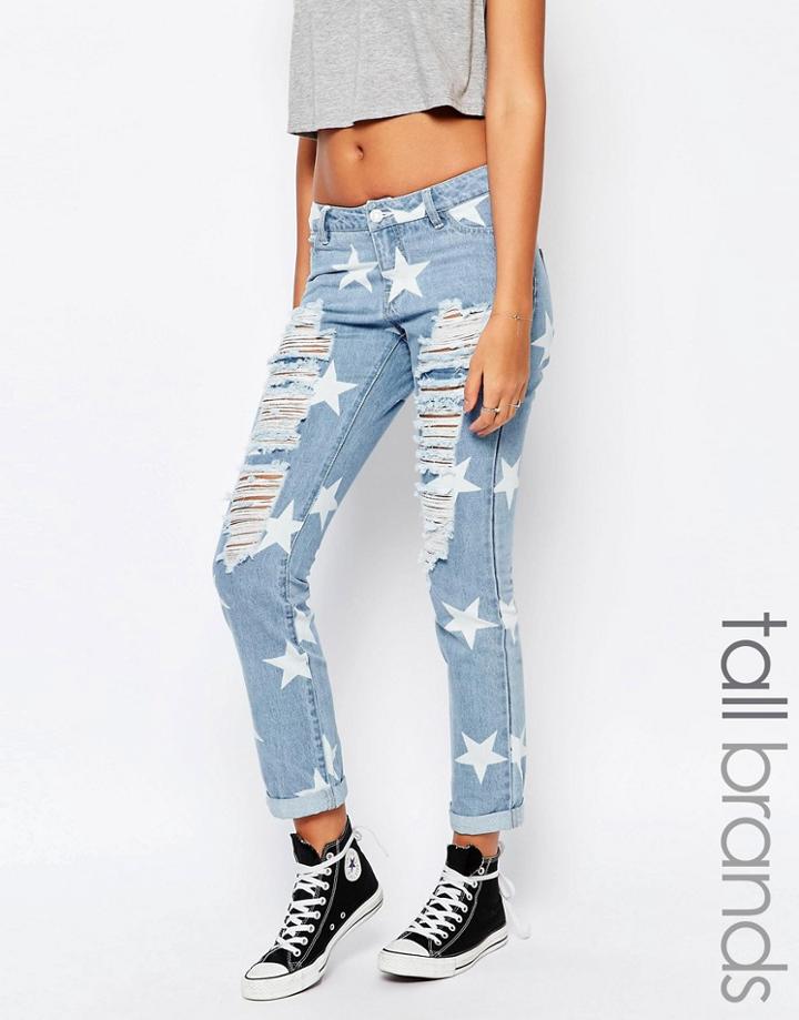 Noisy May Tall Star Print Ripped Boyfriend Jean - Light Blue