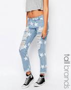 Noisy May Tall Star Print Ripped Boyfriend Jean - Light Blue