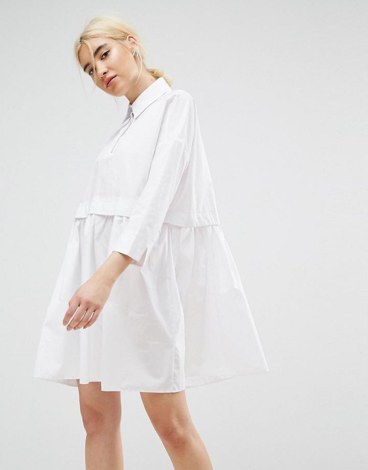 Asos Cotton Mini Smock Shirt Dress - White