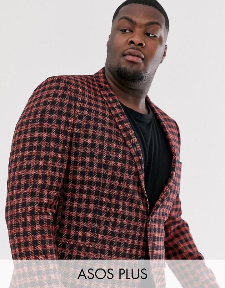 Asos Design Plus Super Skinny Suit Jacket In Brushed Navy And Orange Check - Navy