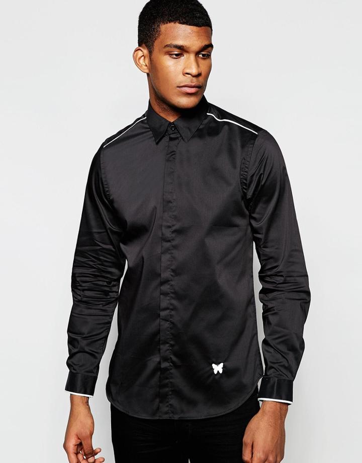 Good For Nothing Long Sleeved Shirt With Contrast Piping In Slim Fit - Black