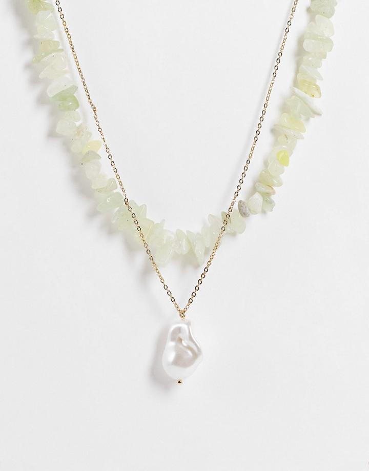 Pieces Multirow Precious Stone And Pearl Necklace In Gold