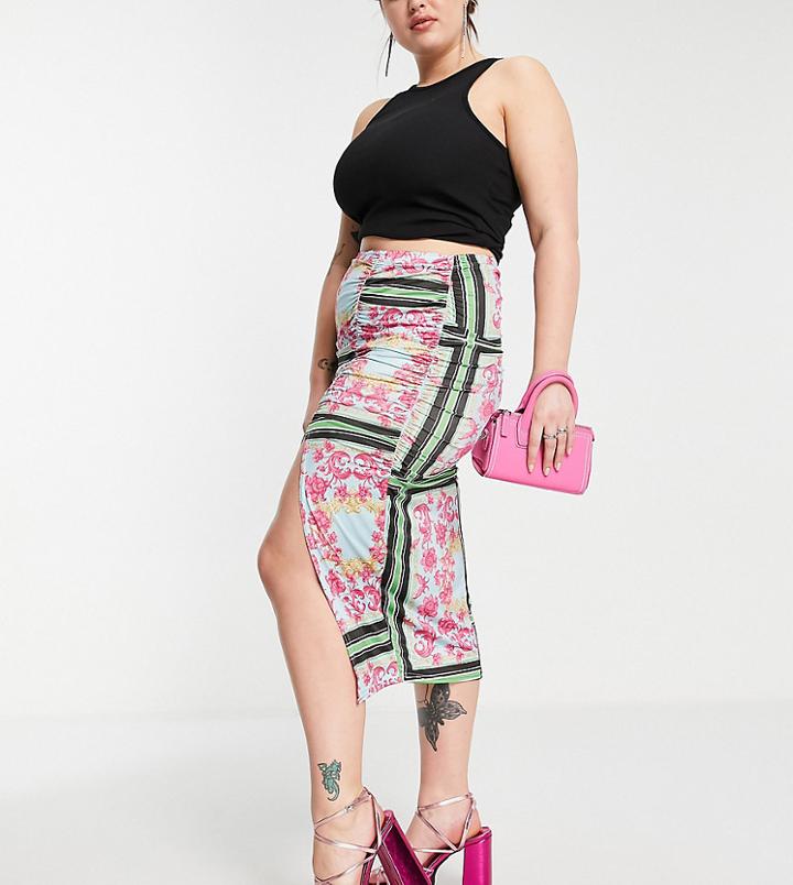 In The Style Plus X Liberty Exclusive Ruched Midi Skirt In Multi Floral Print - Part Of A Set