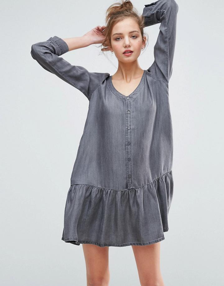 Asos Denim Dropped Waist Denim Dress In Washed Black - Black