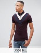 Asos Tall Longline Polo Shirt With Double Chevron Panel And Ring Zip Neck - Purple
