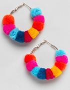 Asos Design Multicolor Pom Pom Hoop Earrings - Multi