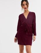 Asos Design Mini Dress With Batwing Sleeve And Wrap Waist In Velvet-white