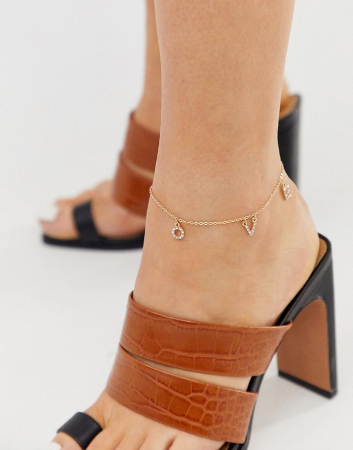 Asos Design Anklet With Crystal Love Charms In Gold Tone - Gold