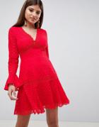 Asos Design Mini Dress With Fluted Sleeve In Broderie - Red