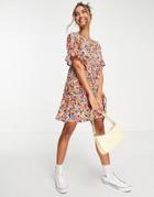 Asos Design Bubble Crepe Short Sleeve Tiered Smock Romper In Floral Print-multi