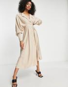 Asos Edition Drape Midi Shirt Dress With Pleat Waist Detail In Stone-neutral