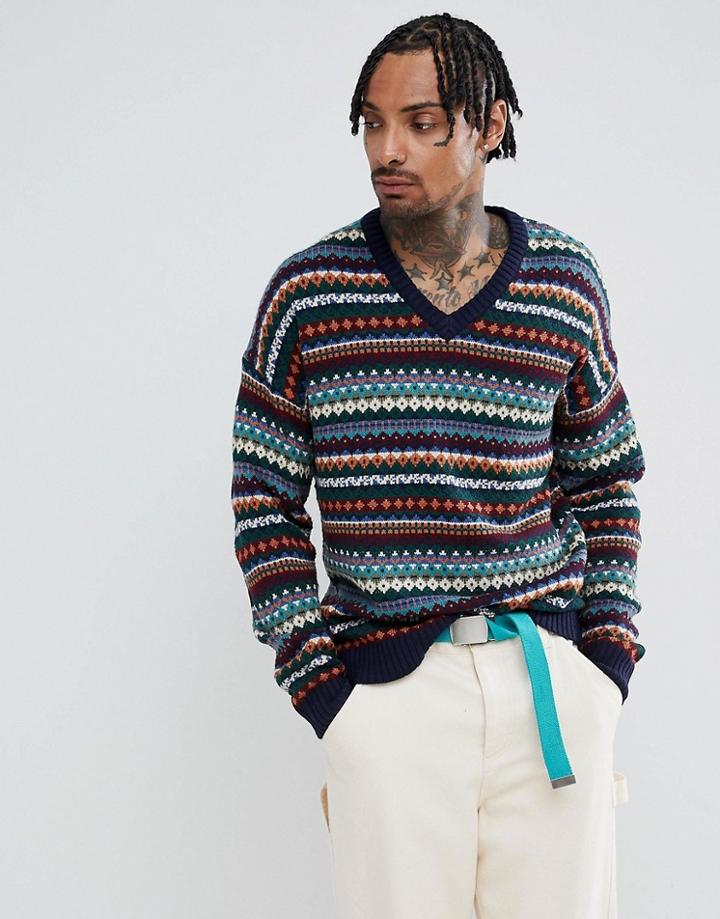 Asos Design V-neck Fairisle Sweater In Navy - Navy