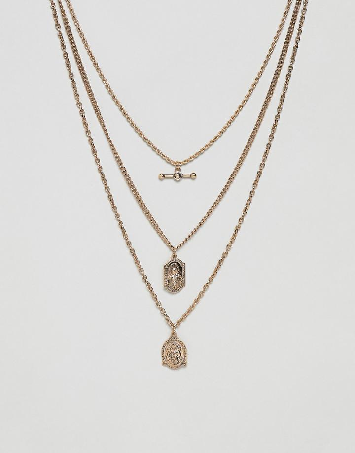 Asos Design Vintage Style Multi Chain Necklace With St Christopher Pendants In Gold Tone - Gold