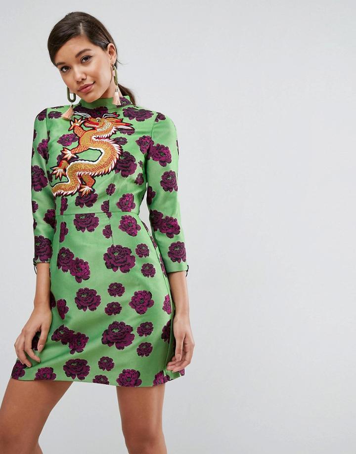 Asos Embroidered Dragon Jacquard Shift Mini Dress - Multi