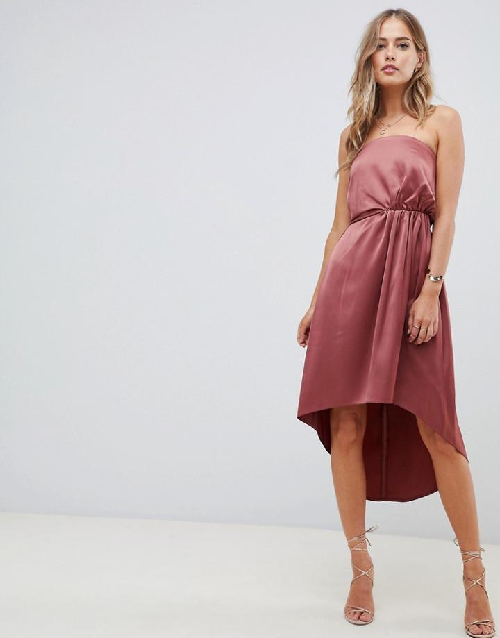 Asos Design Midi Bandeau Satin Dress With Knot Back Detail - Pink